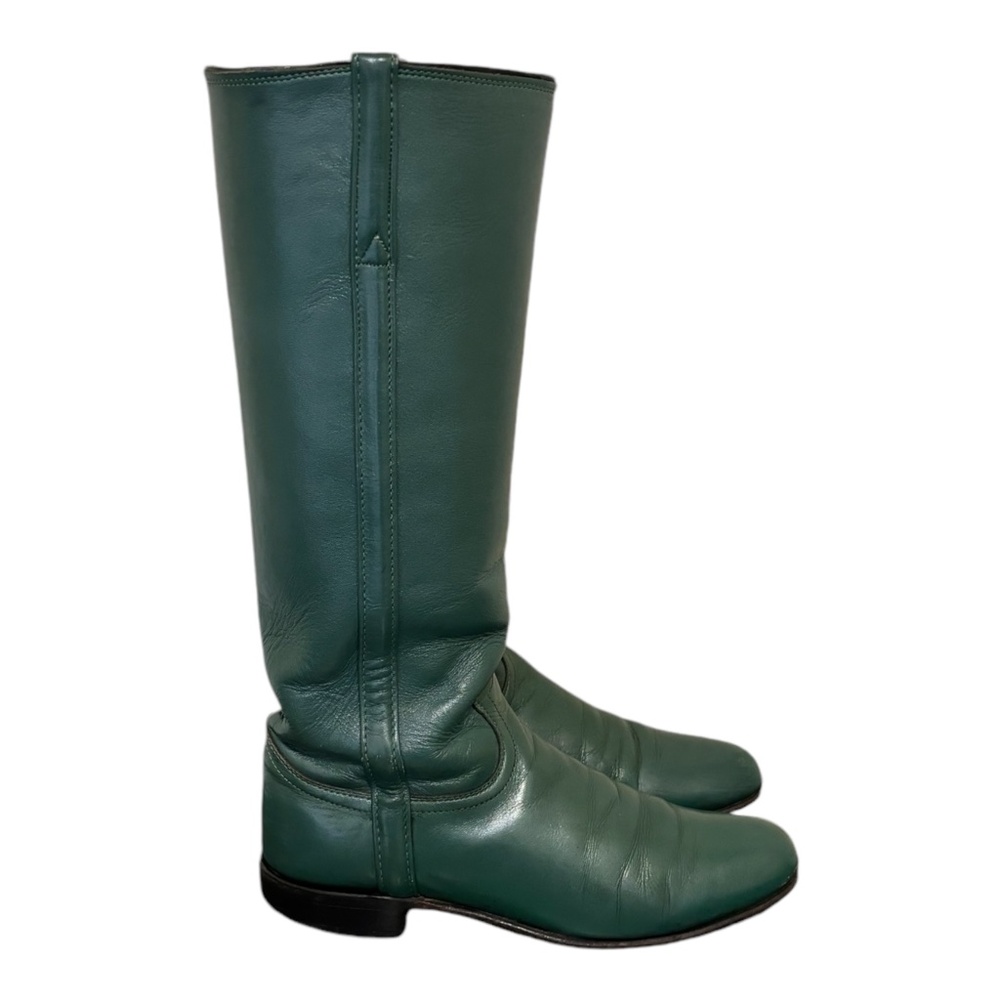 Size 7 Vintage tall green genuine leather women flat pull on Knee high boots.